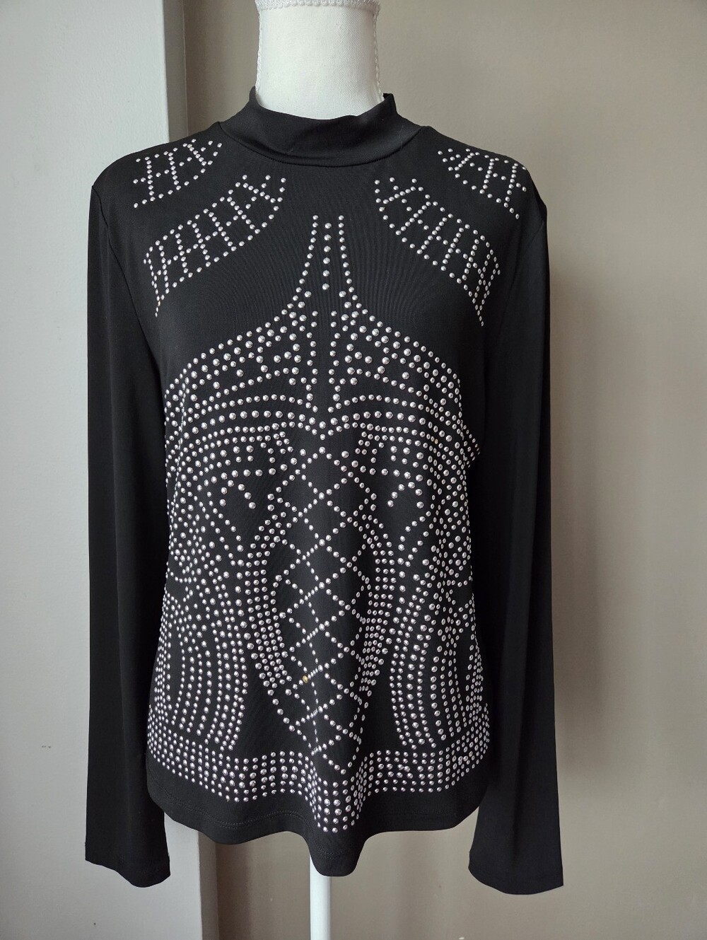 ASHRO Black Silver Studded Embellished Mock Neck Top Size M